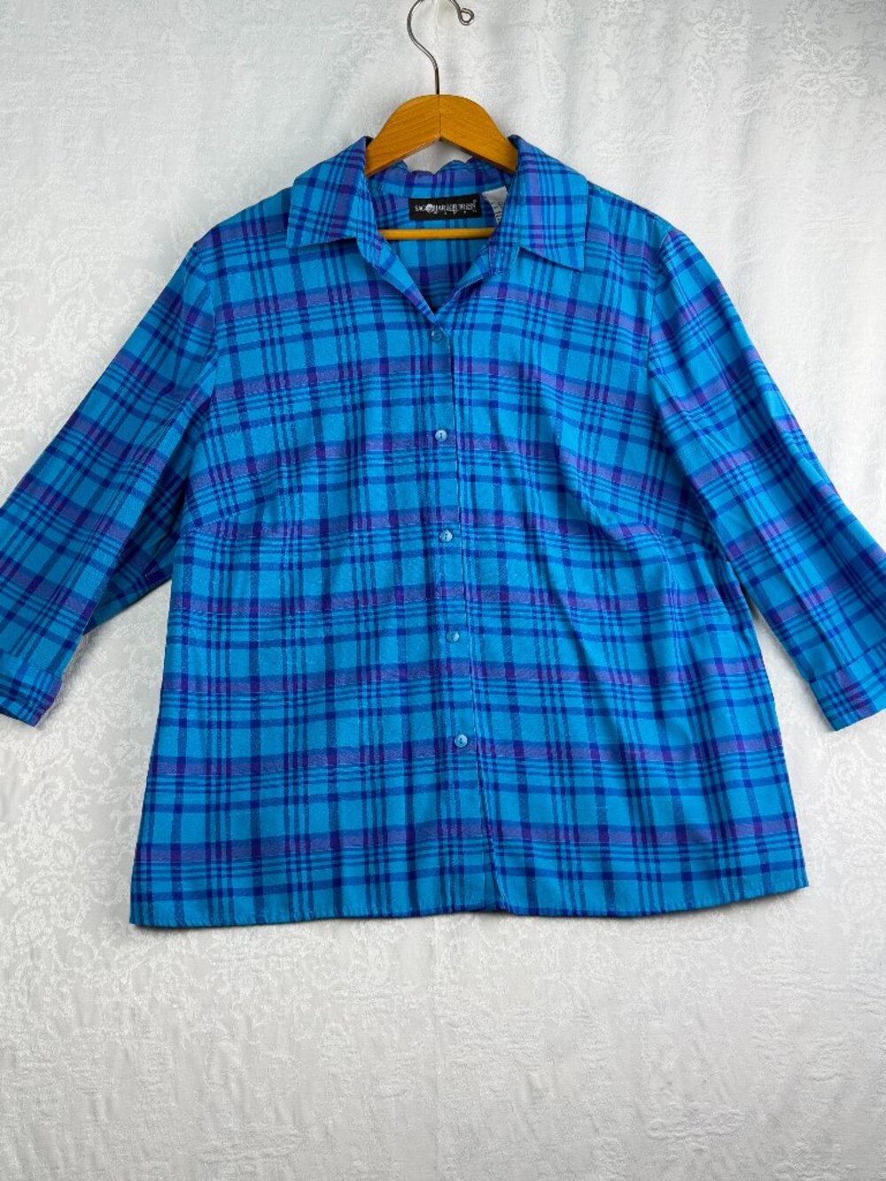 Sag Harbor Women's 18W Blue Plaid Button Front 3/4 Sleeve Blouse Top